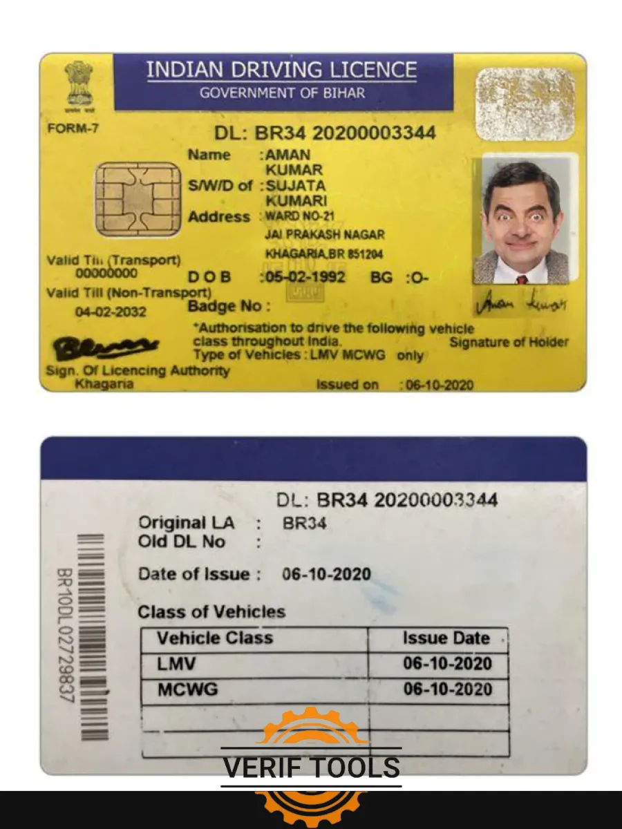 India Bihar State Driving License — Driver License