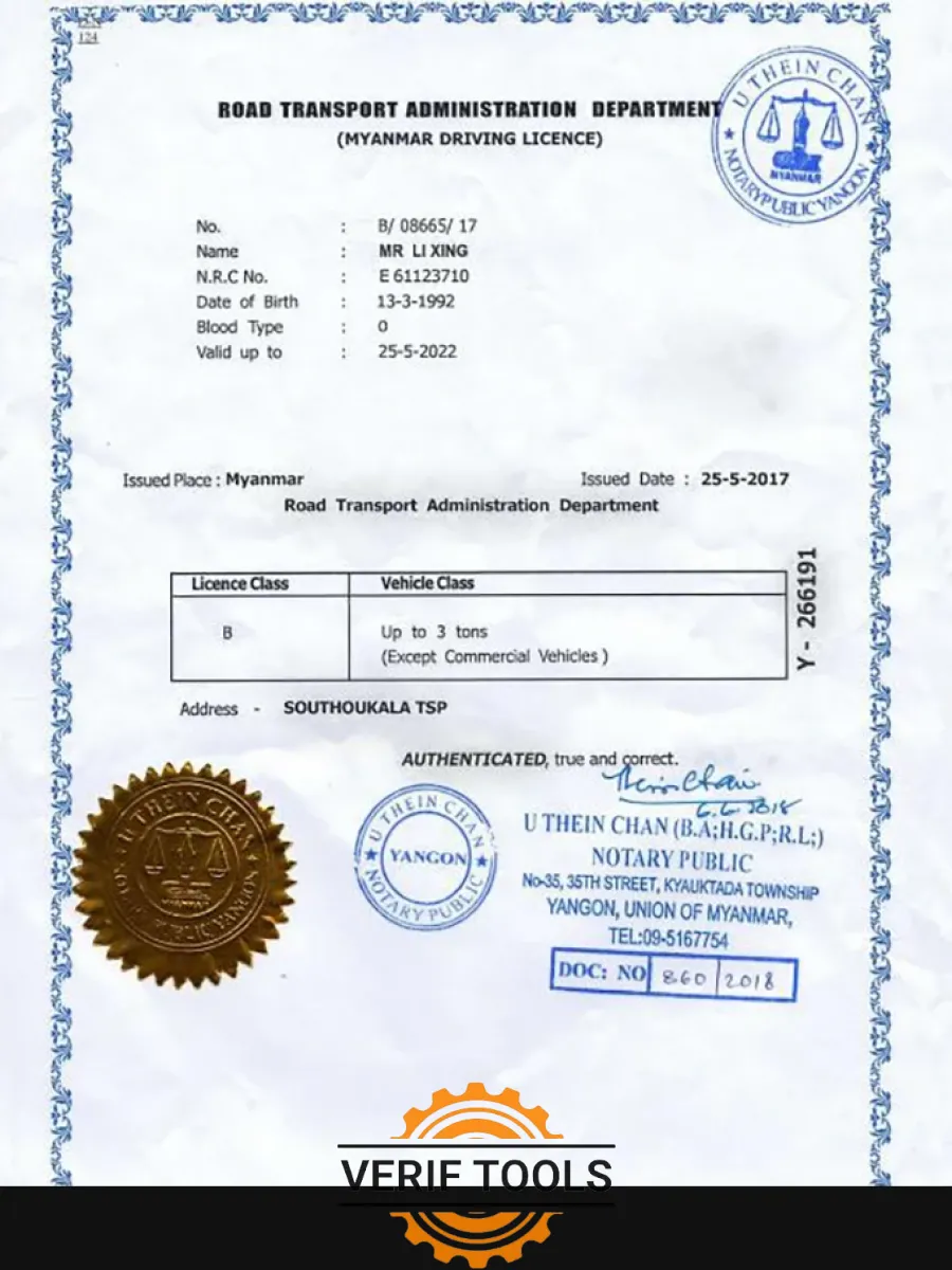 Myanmar Driving License — Driver License