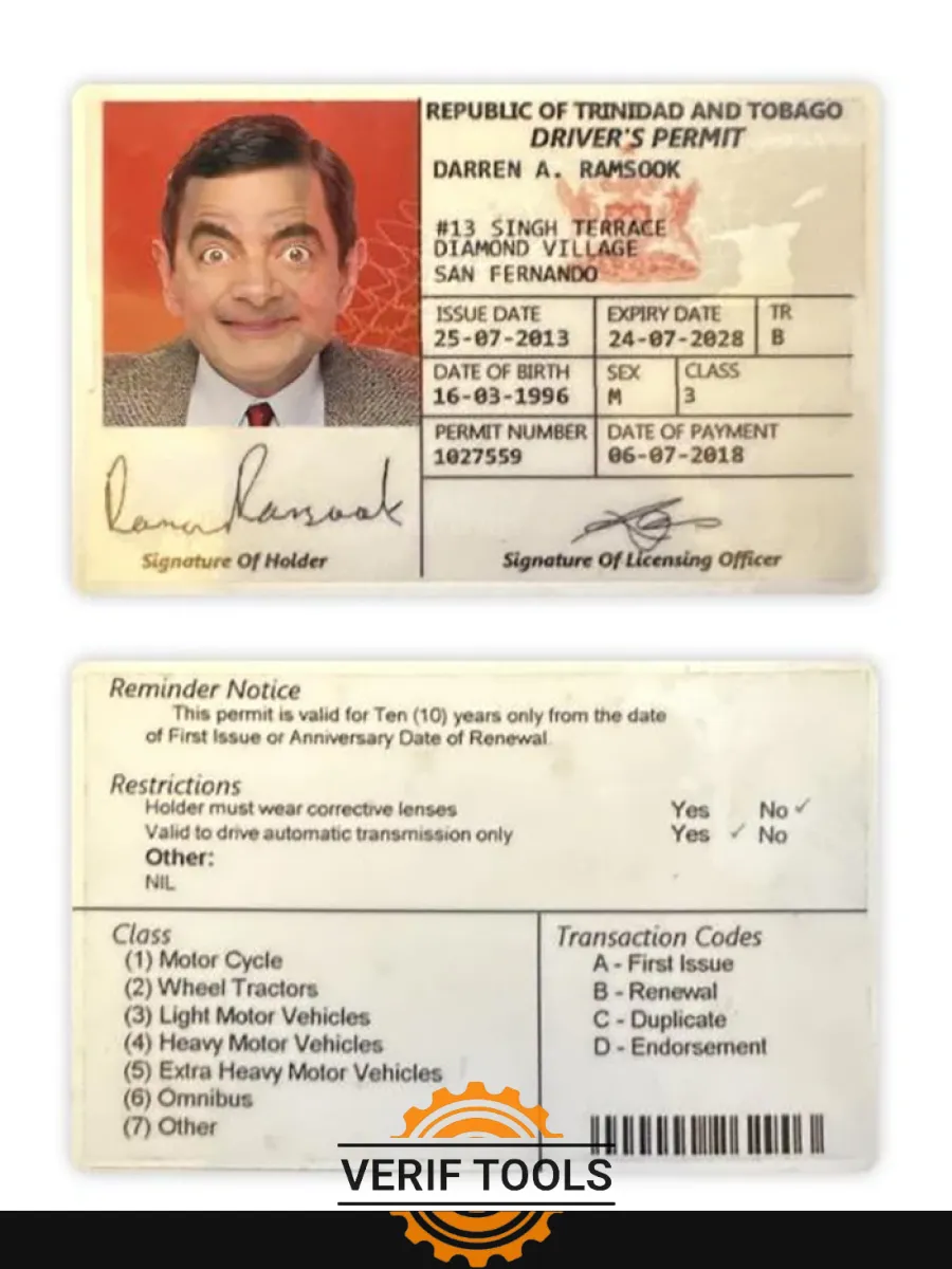 Trinidad And Tobago Driving License 2018 Present — Driver License
